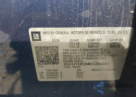 2019 Chevrolet Silverado 1500 Lt из США, поврежденный, VIN 3GCUYDED4KG284891